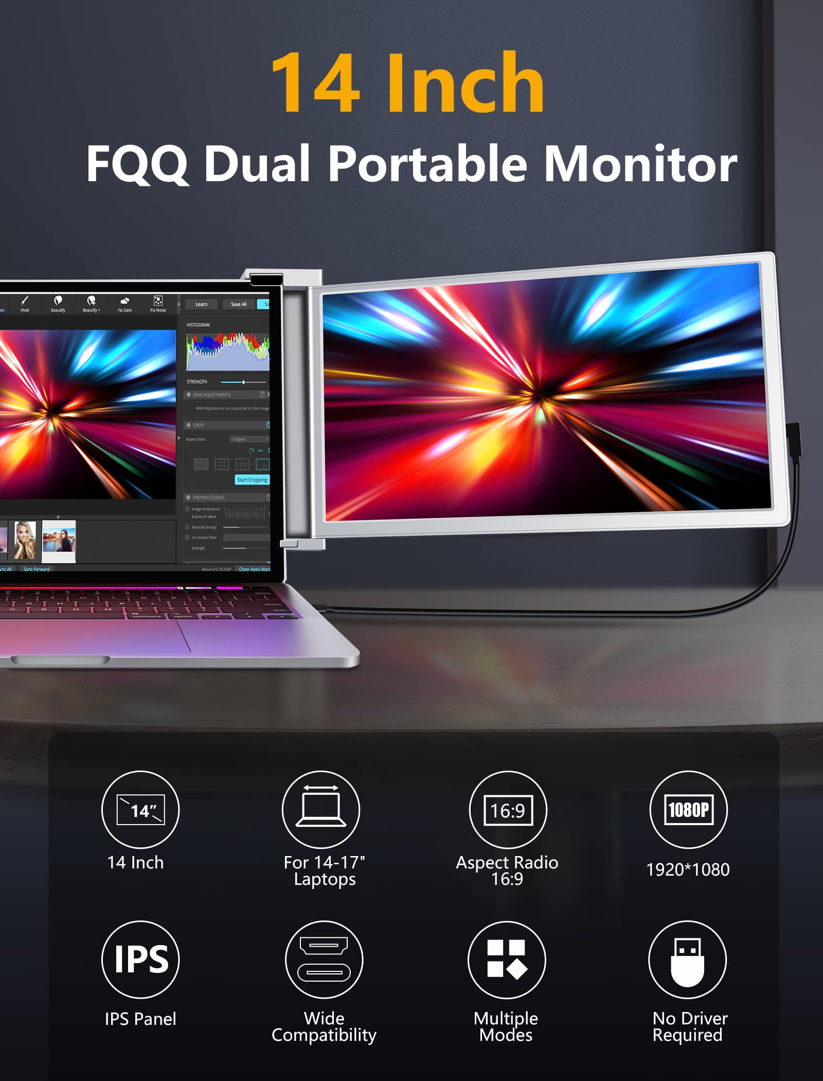 FQQ S14  14 FHD Dual Attachable Monitor for Laptop